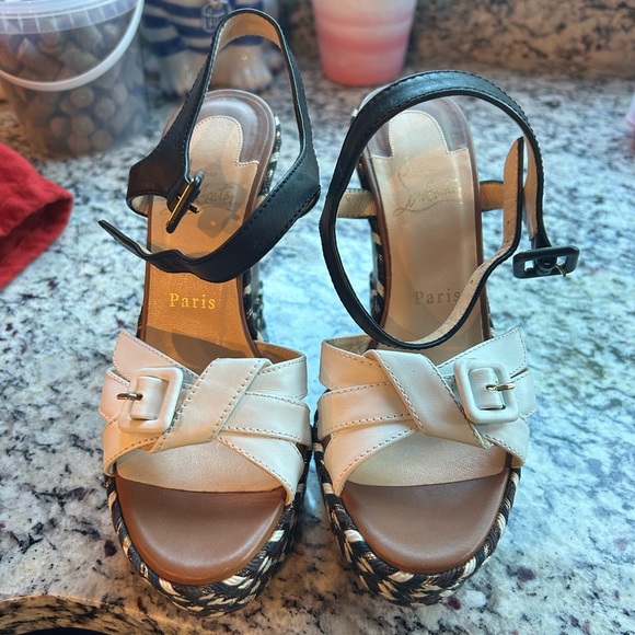 EUC Christian Louboutin wedges, size 36 (US size 6), white and black leather - Picture 1 of 10